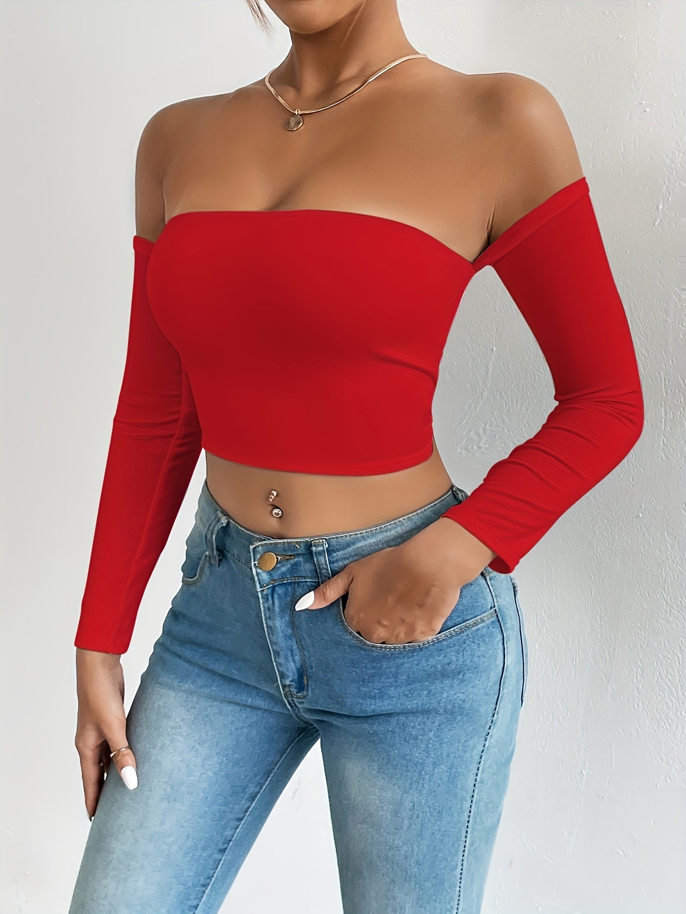 Solid Color Off-shoulder Crop Top, Sexy Long Sleeve Slim Top, Women's Clothing