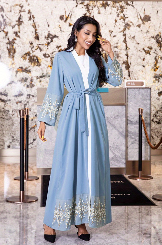 Floral Pattern Kaftan Dress, Elegant Open Front Long Sleeve Maxi Dress