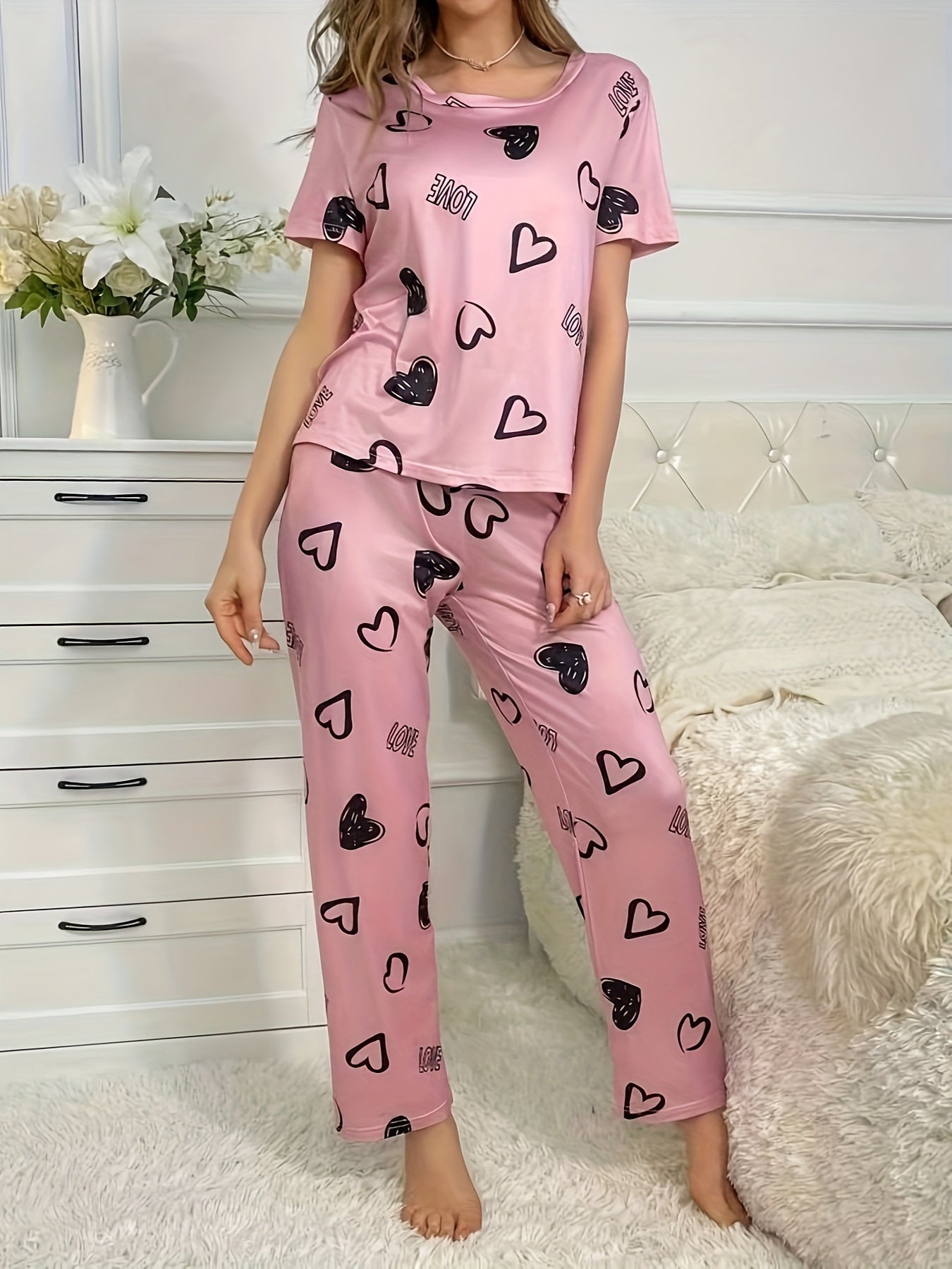 Casual Heart & Letter Print Pajama Set, Short Sleeve Crew Neck Top & Elastic Pants For Valentine's Day, Women's Sleepwear & Loungewear