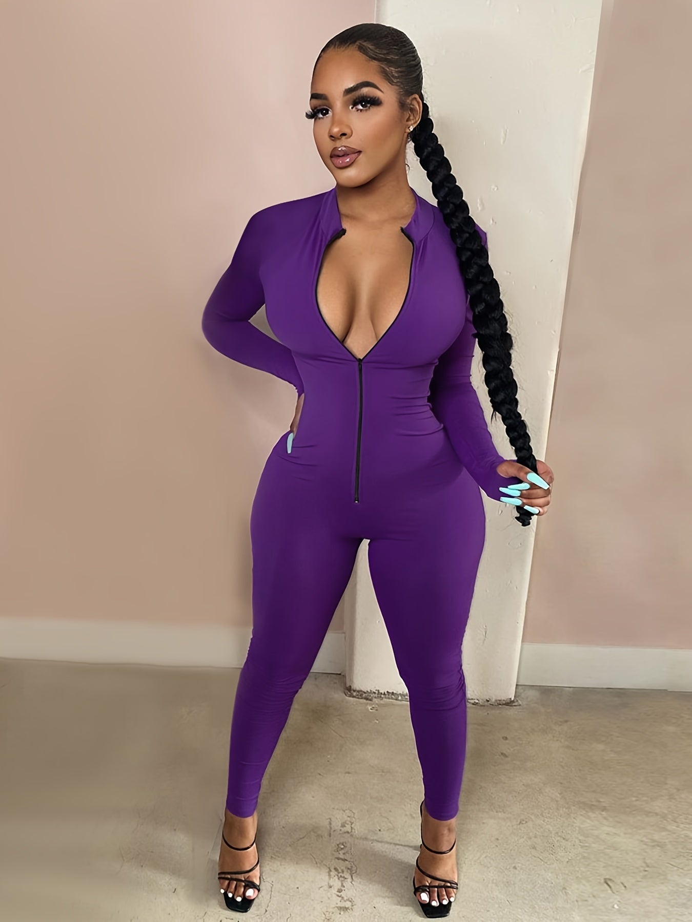 Women's Sexy Bodycon Zip Up Jumpsuit, Solid Long Sleeve Stretchy Jumpsuit, Women's Clothing