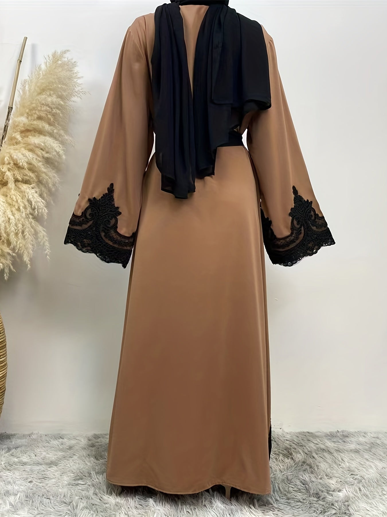 Contrast Lace abaya, Elegant Open Front Long Sleeve Maxi Modest abaya