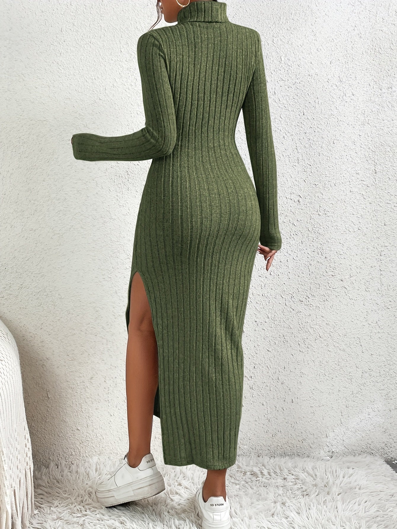 Turtleneck Split Solid Dress, Elegant Long Sleeve Bodycon Midi Dress, Women's Clothing