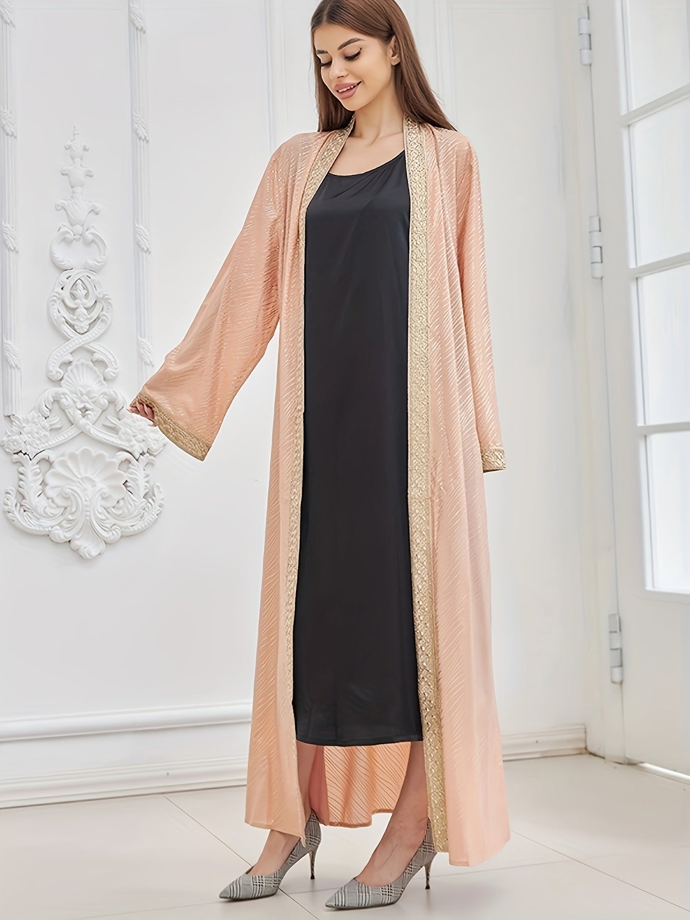 Open Front Long Sleeve Kaftan Dress, Elegant Tie-waist Maxi Length Dress