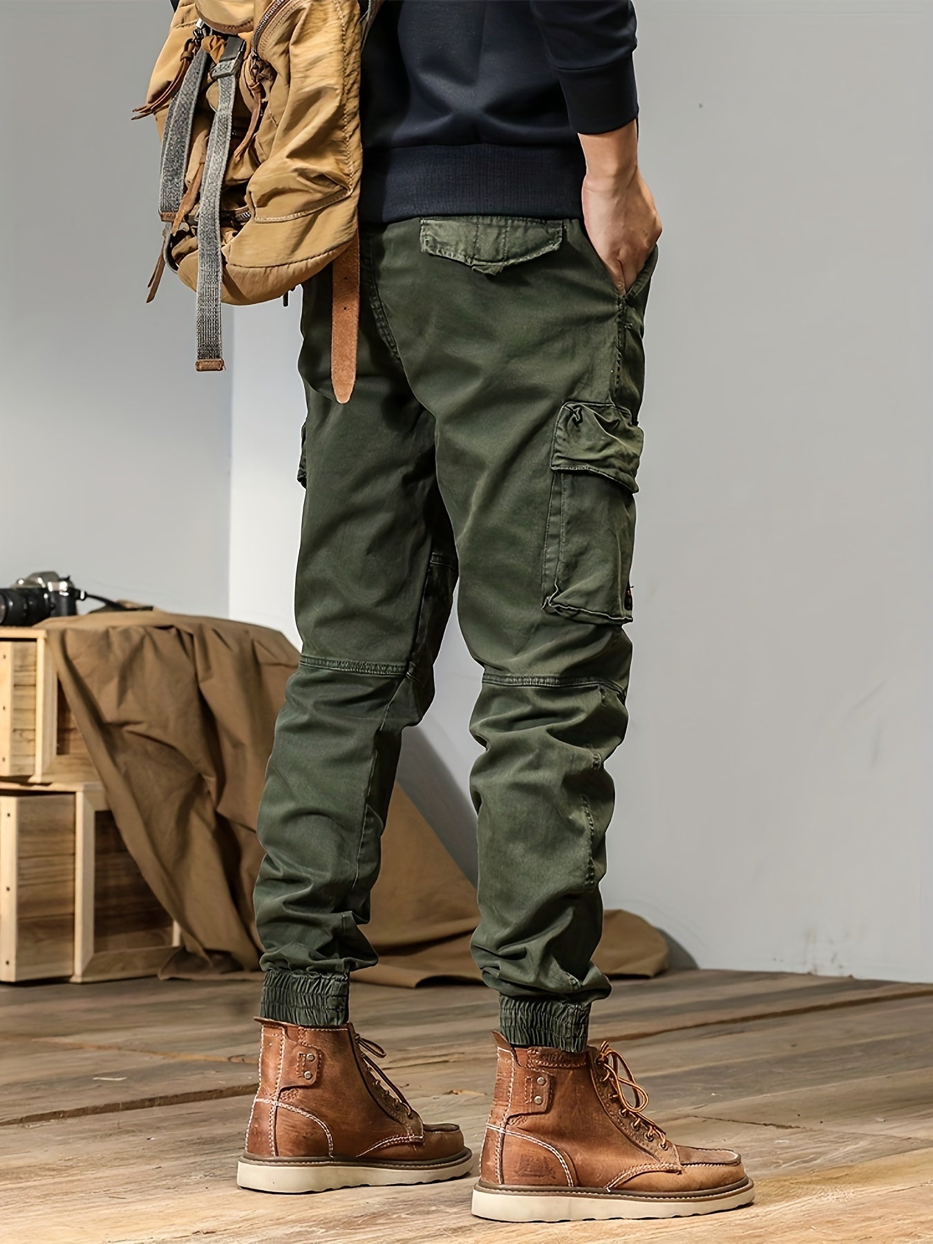 Men's Solid Cargo Pants With Multi Pockets, Cotton Drawstring Joggers For Outdoor