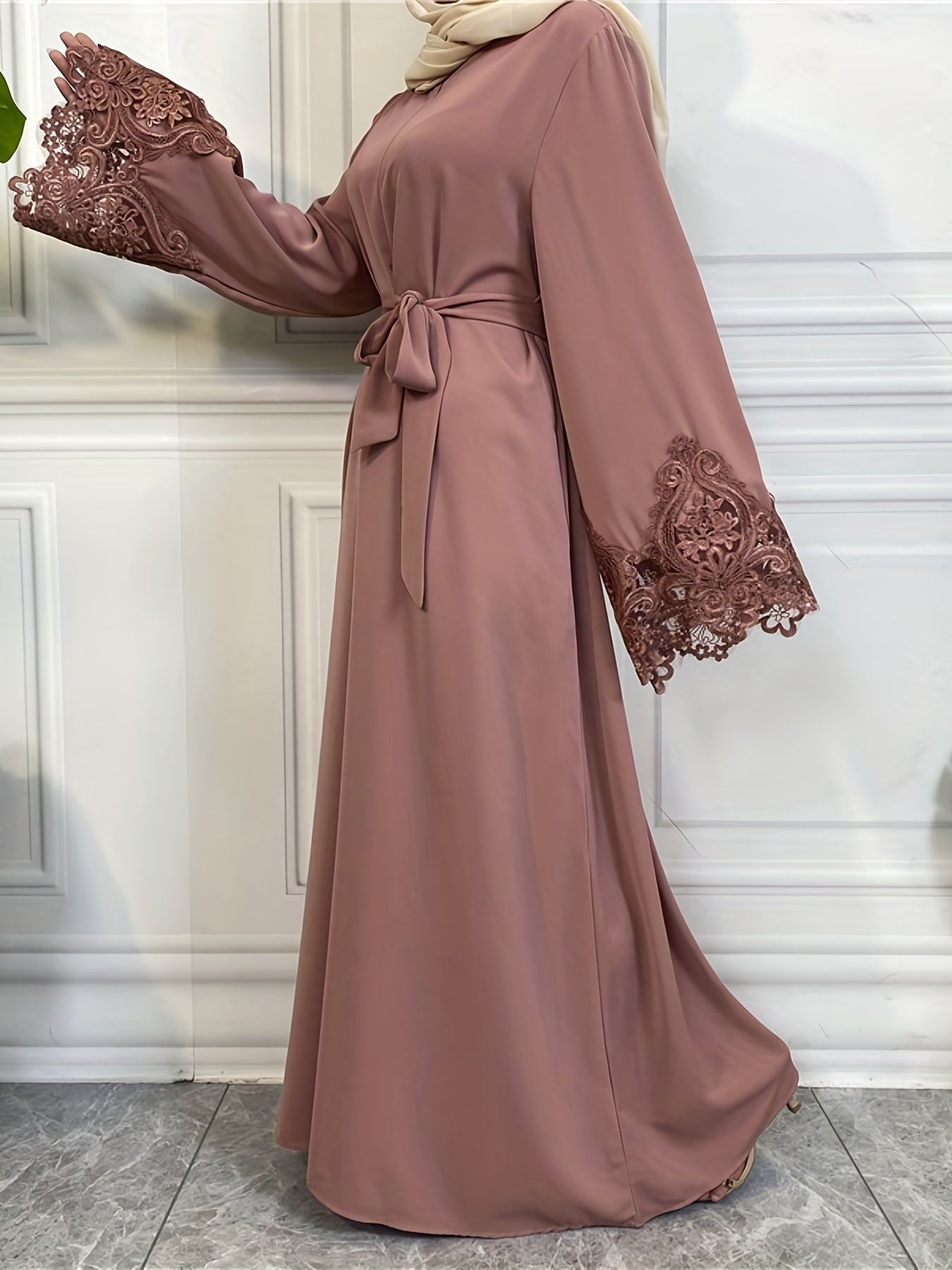 Contrast Lace Solid Kaftan Dress, Modest Long Sleeve Maxi Dress