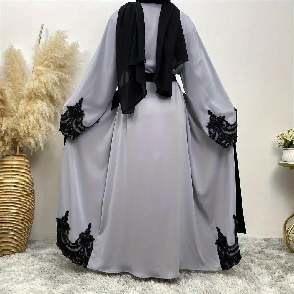 Contrast Lace abaya, Elegant Open Front Long Sleeve Maxi Modest abaya