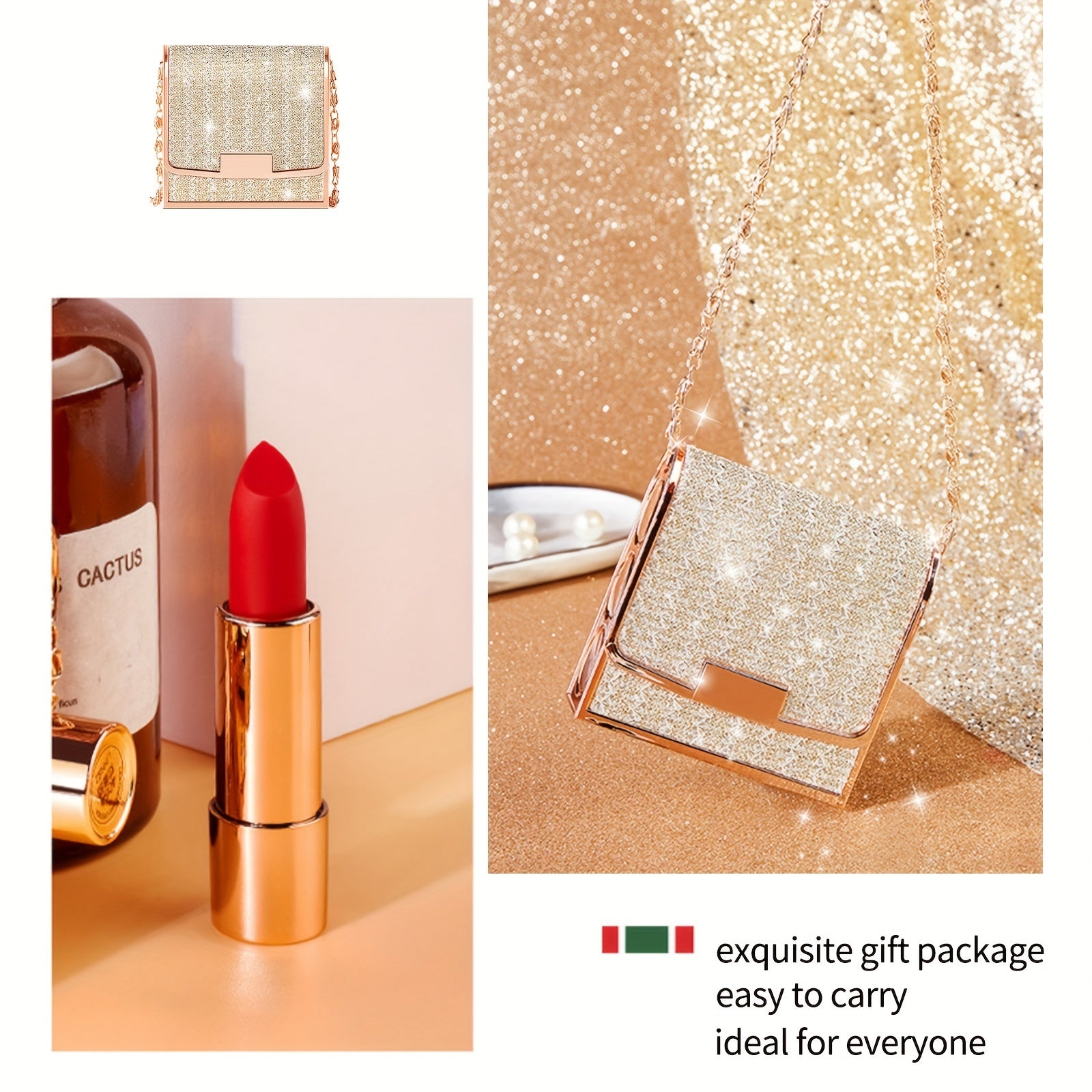 Velvet Texture Matte Lipstick Set - Long Lasting, Waterproof, Smudge Proof, Retractable Red Lipstick with Slivery Chain Bag