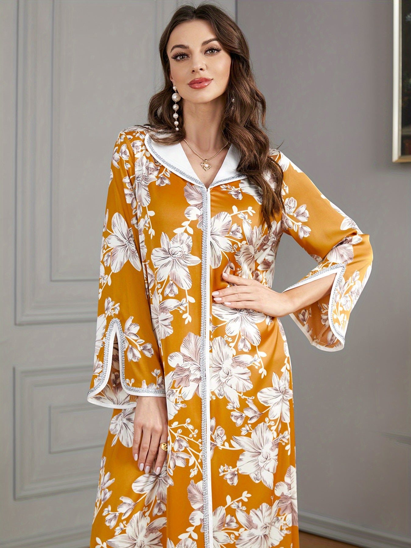 Floral Print Maxi Kaftan Dress, Elegant Split Long Sleeve Dress