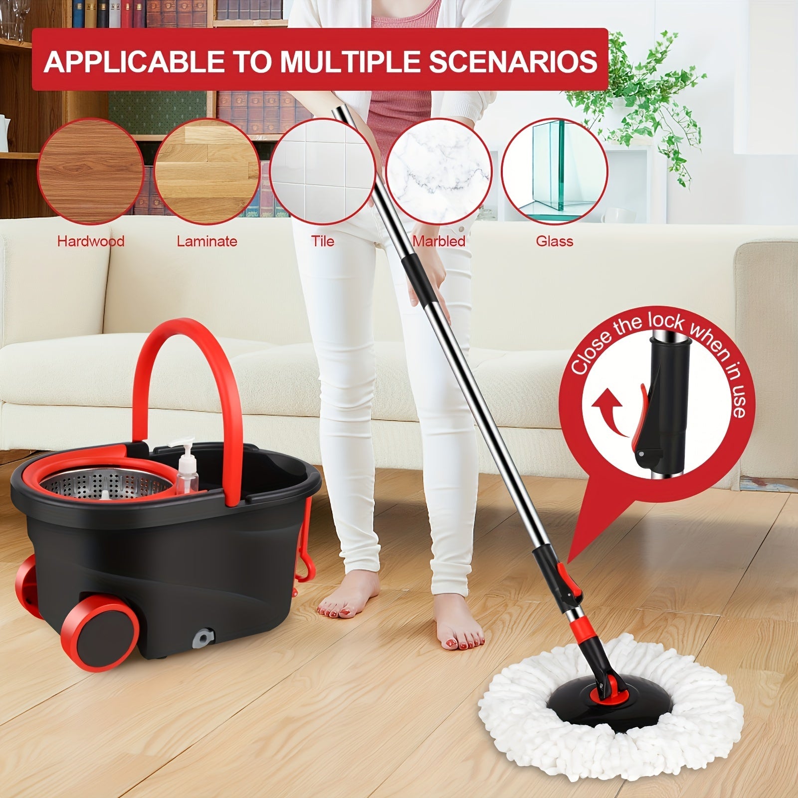 Spin Mop and Bucket with Wringer Set on Wheels, 360° Spinning Mop Bucket System with 3 Microfiber Mop Replacement Heads