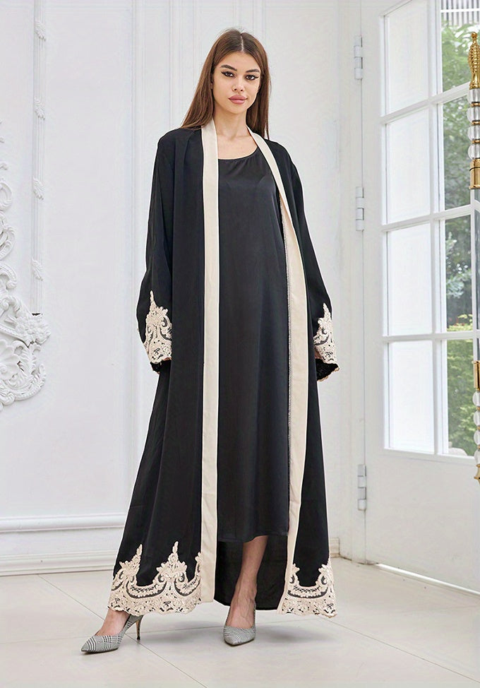 Contrast Lace Open Front Kaftan, Elegant Long Sleeve Maxi Dress