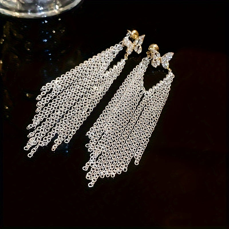 1 Pair Of Drop Earrings Plated Sparkling Butterfly + Tassel Design Paved Shining Zirconia Match