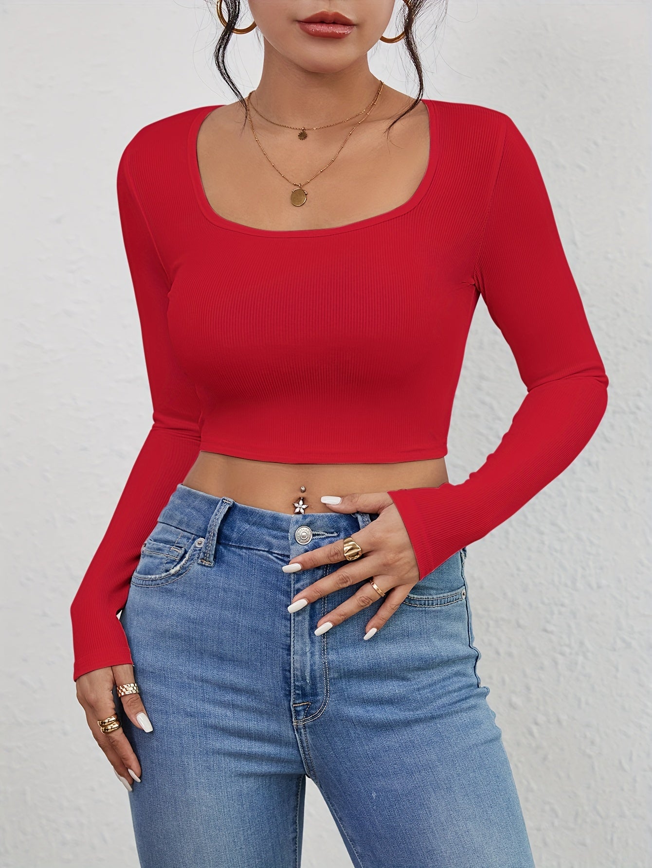 Squared Neck Cropped T-shirt, Casual Long Sleeve Solid T-shirt, Women's Clothing