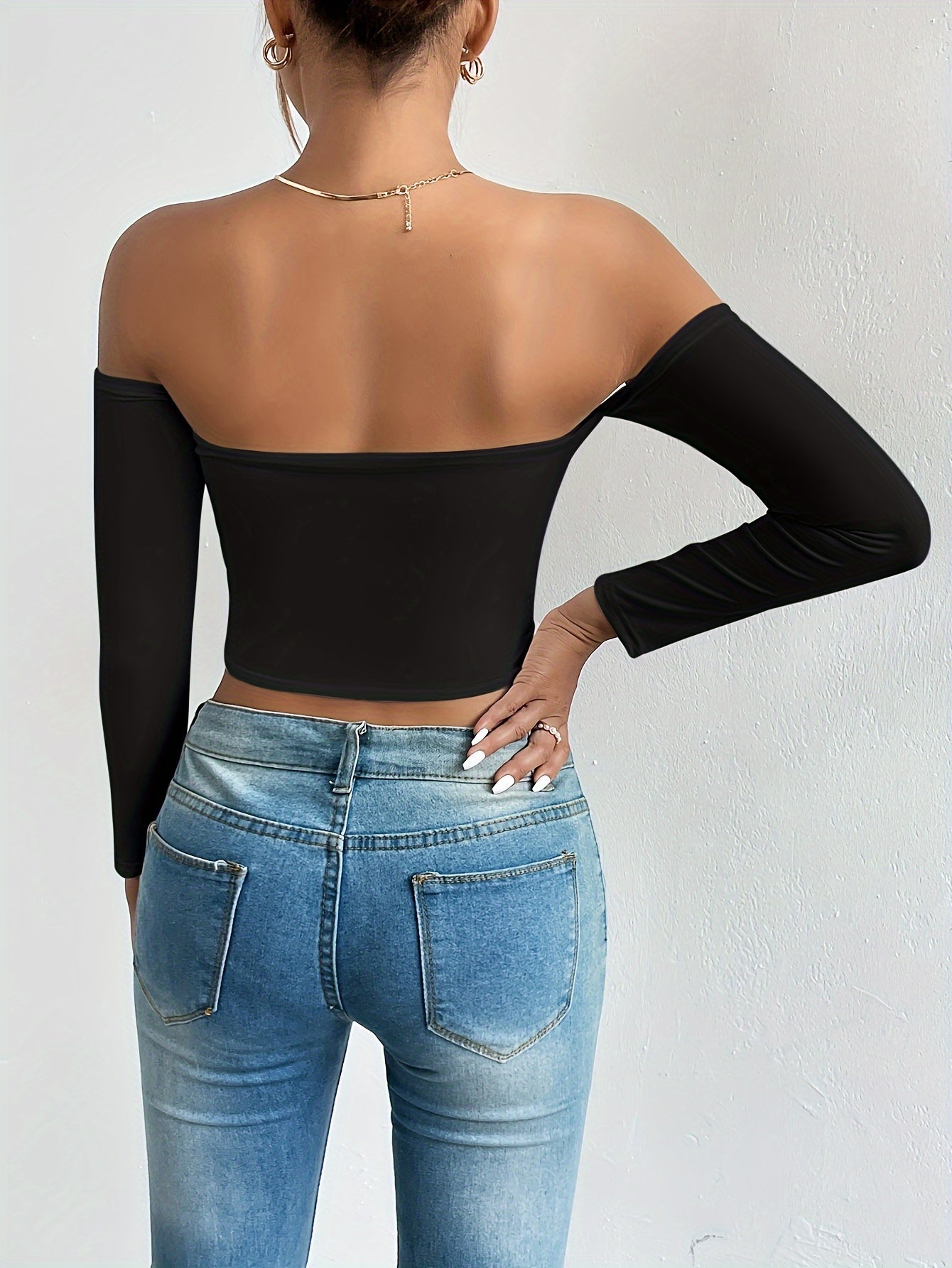 Solid Color Off-shoulder Crop Top, Sexy Long Sleeve Slim Top, Women's Clothing