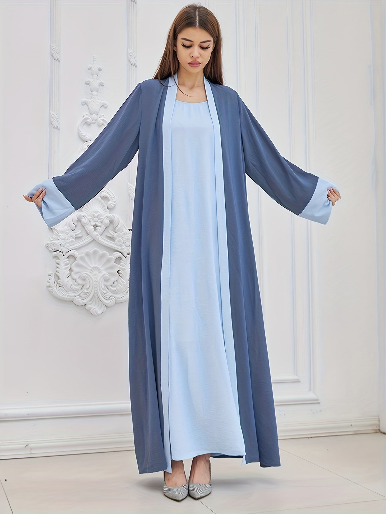 Elegant Two-piece abaya, Loose Tank Dress & Contrast Trim Open Front Tied Wrap Cardigan With Headscarf