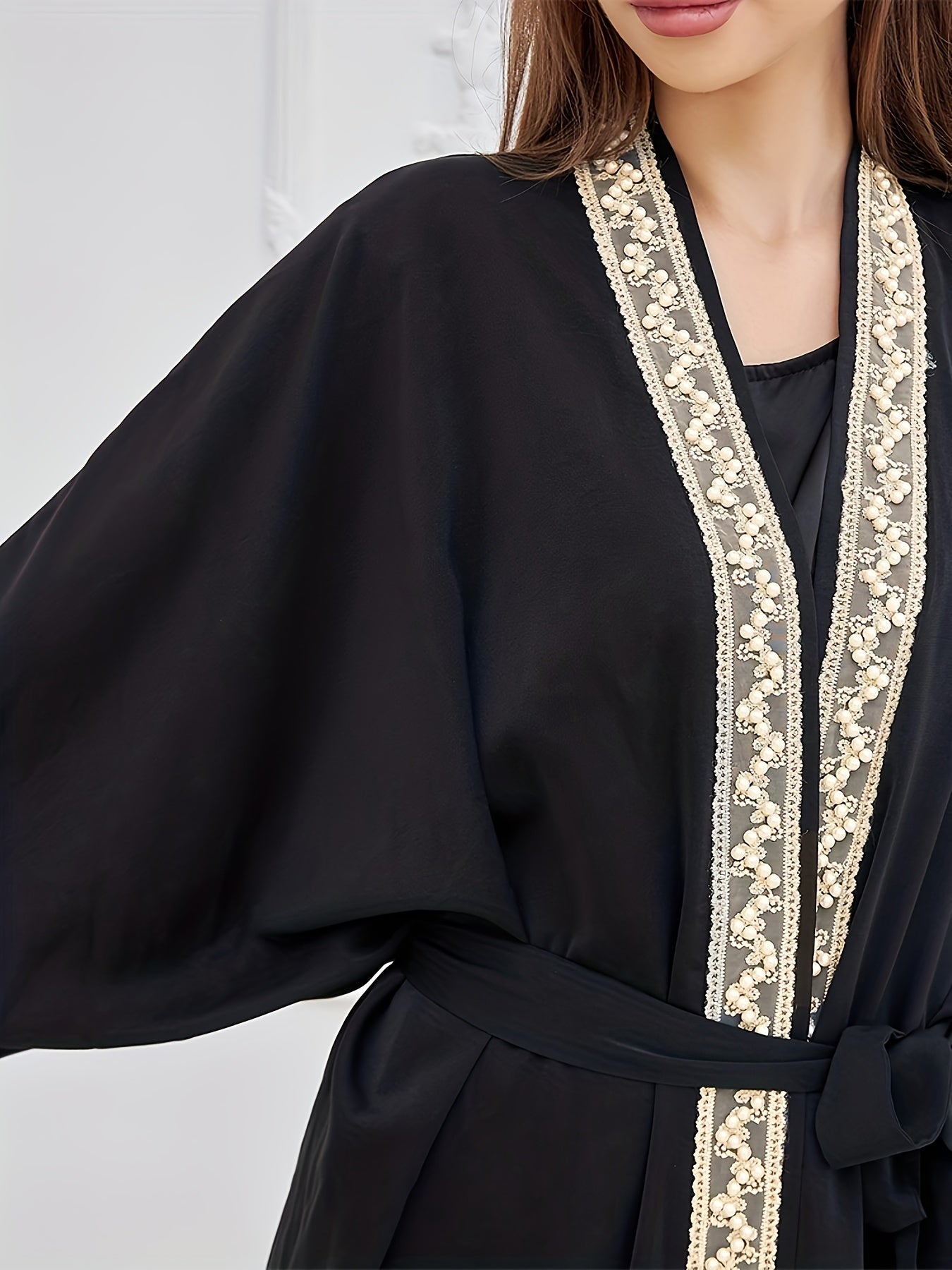 Contrast Trim Beaded Abaya, Elegant Batwing Sleeve Loose Maxi Belted Dress