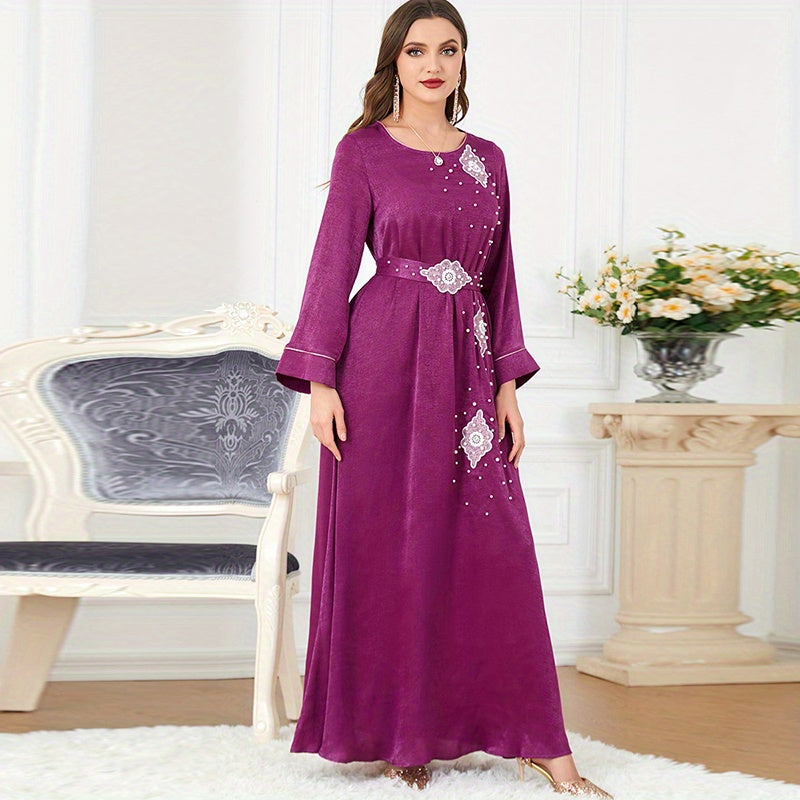 Beaded Decor Kaftan, Elegant Crew Neck Long Sleeve Dress