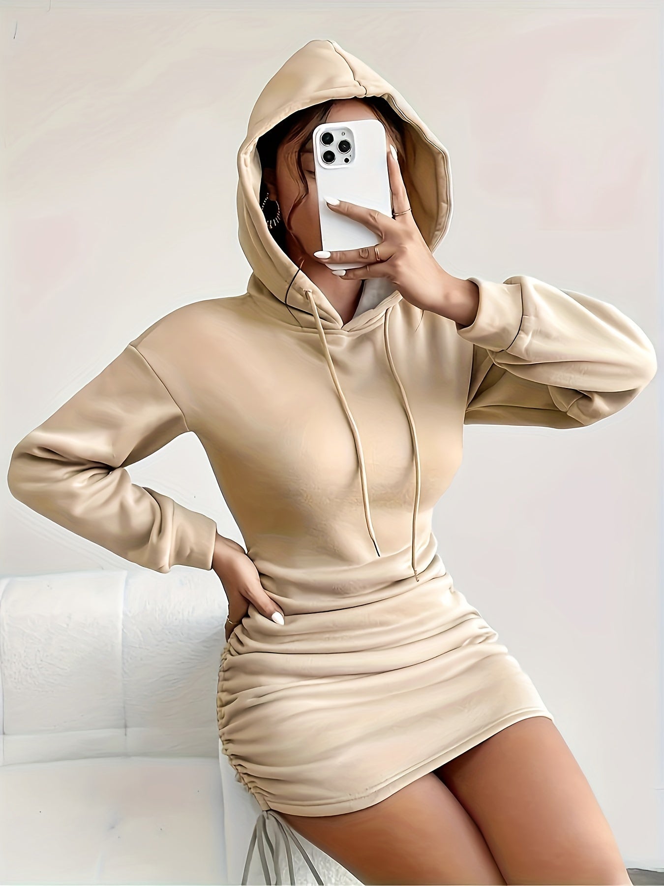 Drawstring Hoodie Ruched Dress, Casual Long Sleeve Dress For Spring & Fall, Women's Clothing