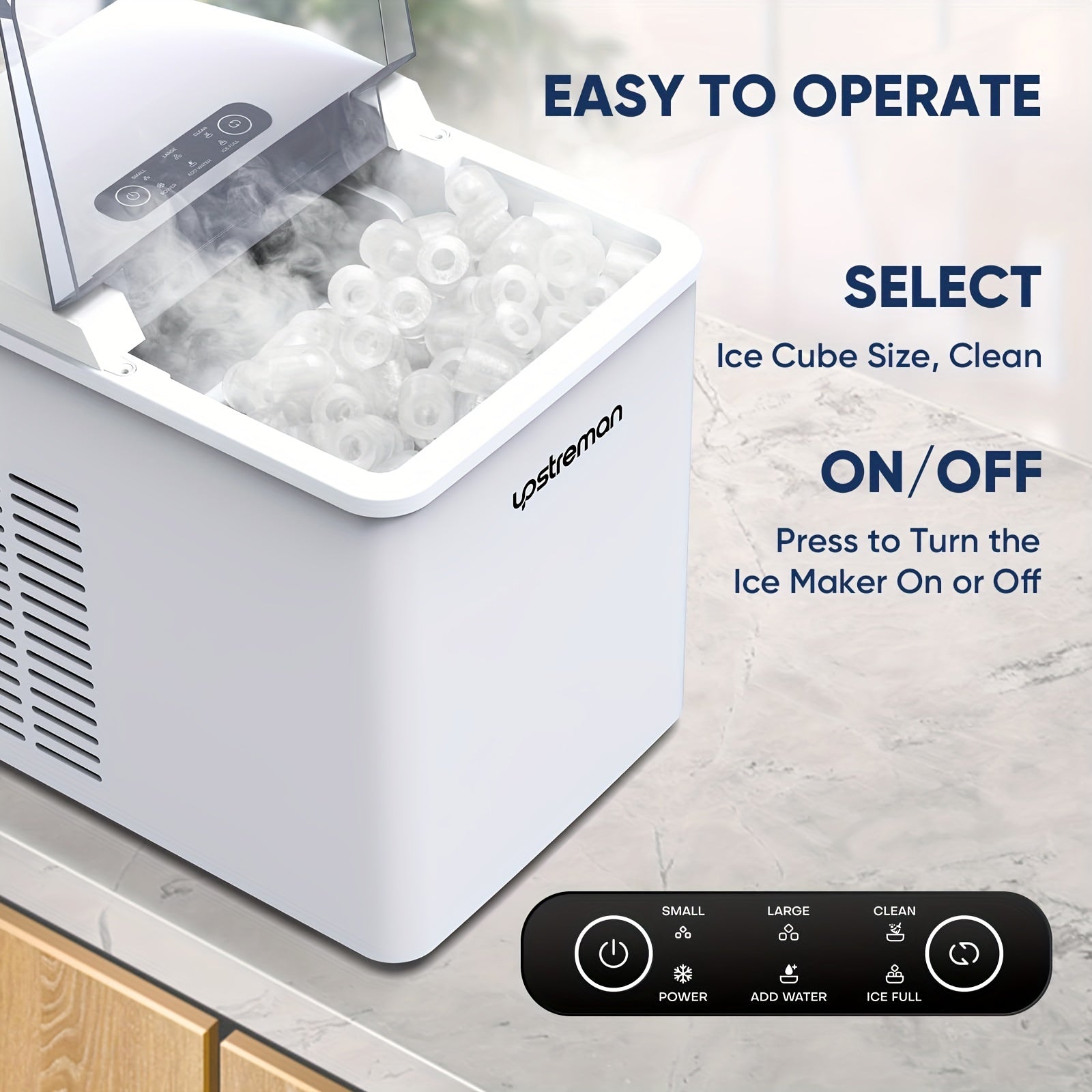 1pc Upstreman Y90 Countertop Ice Maker, Self-Cleaning Ice Cube Maker Machine, Max 26Lbs/Day, 9 Ice Cubes Ready In 6 Mins, Portable Bullet Ice Maker For Home