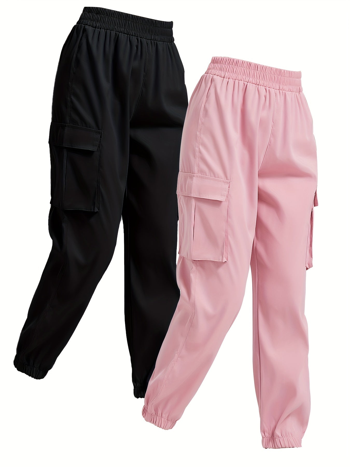 2 Pack Solid Jogger Cargo Pants, Casual Flap Pocket Elastic Waist Pants, Women's Clothing