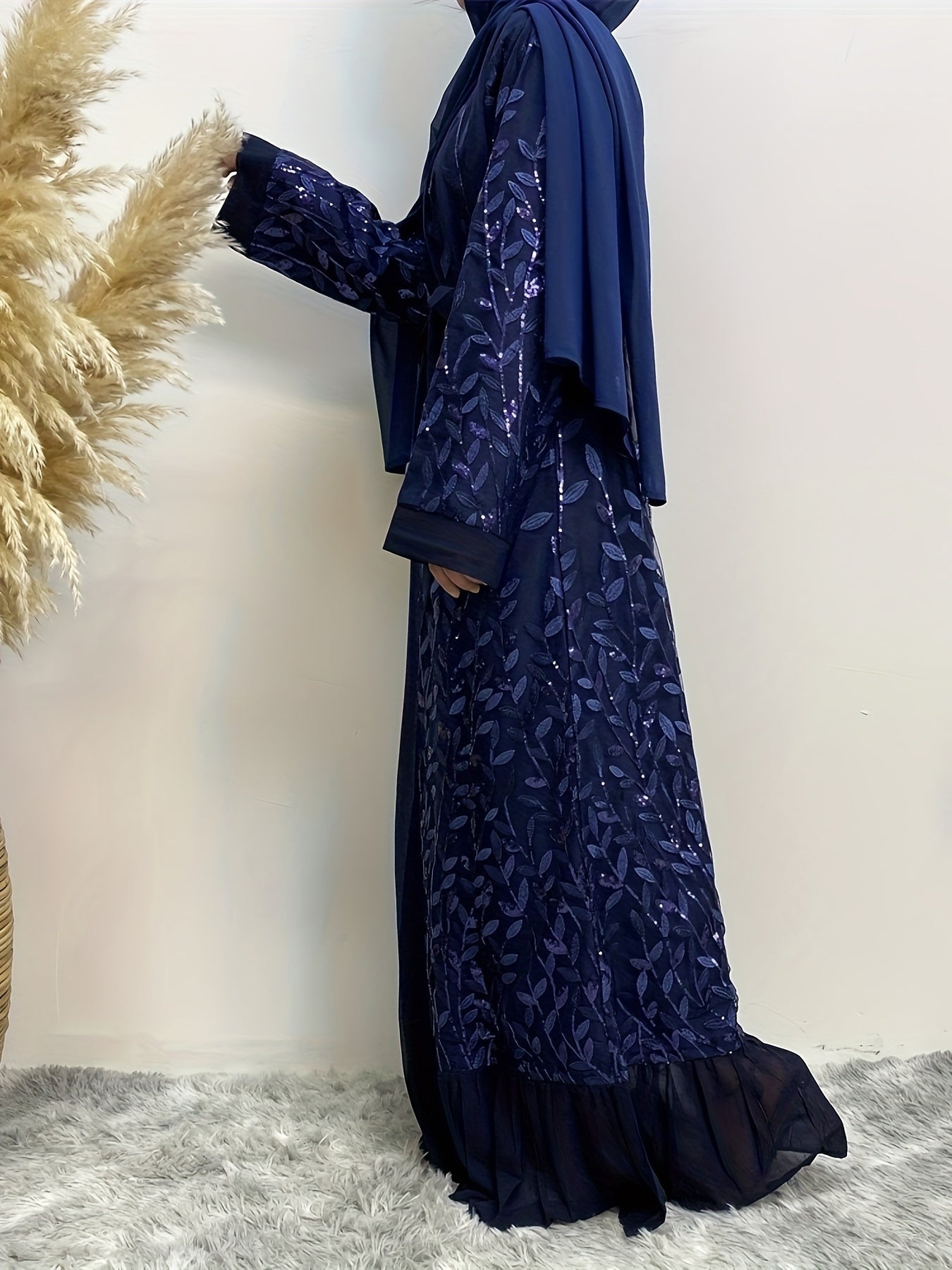 Leaves Embroidered Modest Dress, Elegant Belted Ruffle Hem Long Sleeve Maxi Dress