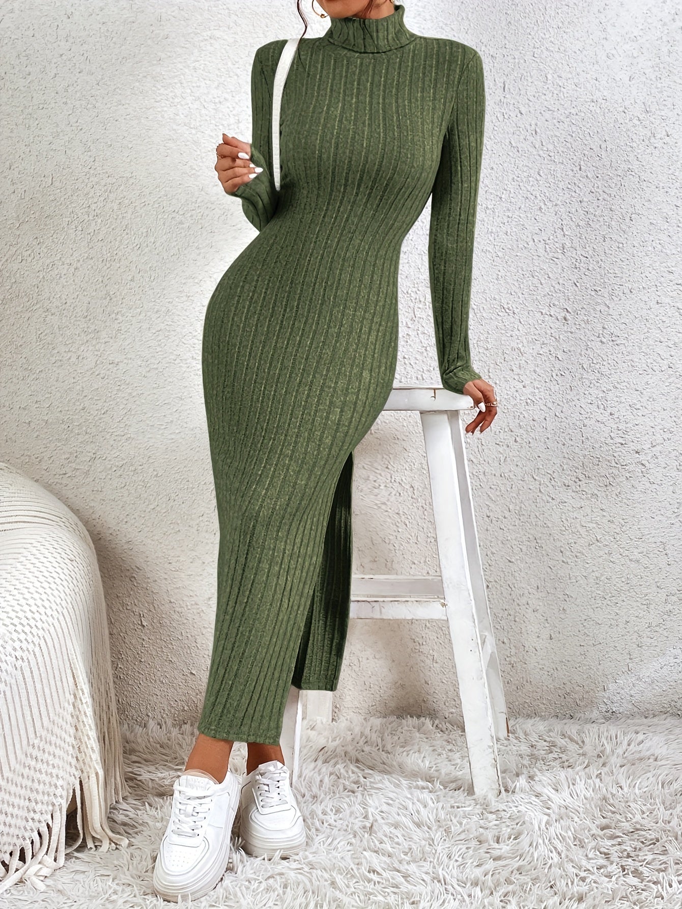 Turtleneck Split Solid Dress, Elegant Long Sleeve Bodycon Midi Dress, Women's Clothing