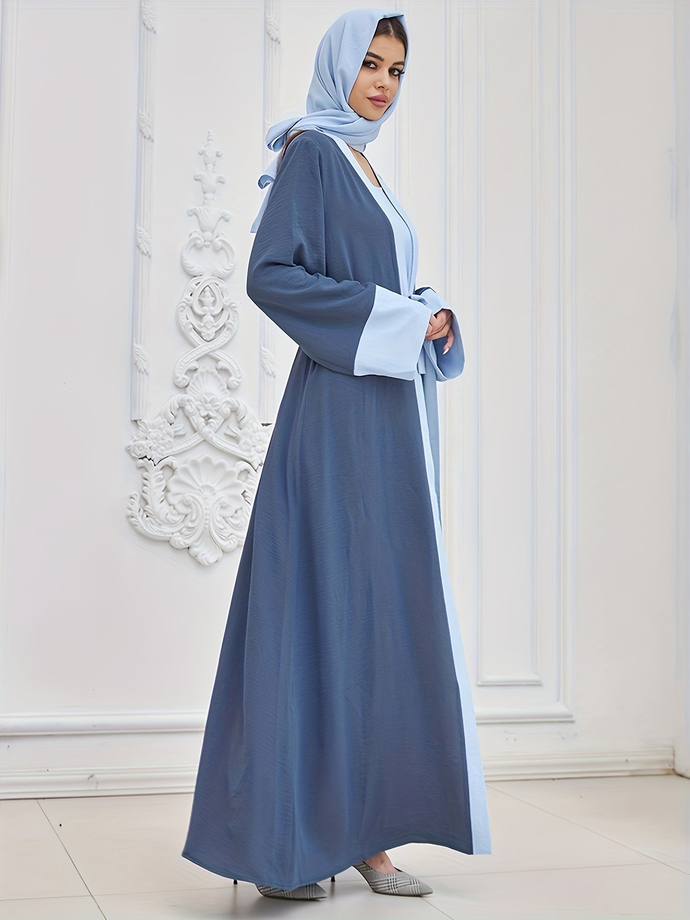 Elegant Two-piece abaya, Loose Tank Dress & Contrast Trim Open Front Tied Wrap Cardigan With Headscarf