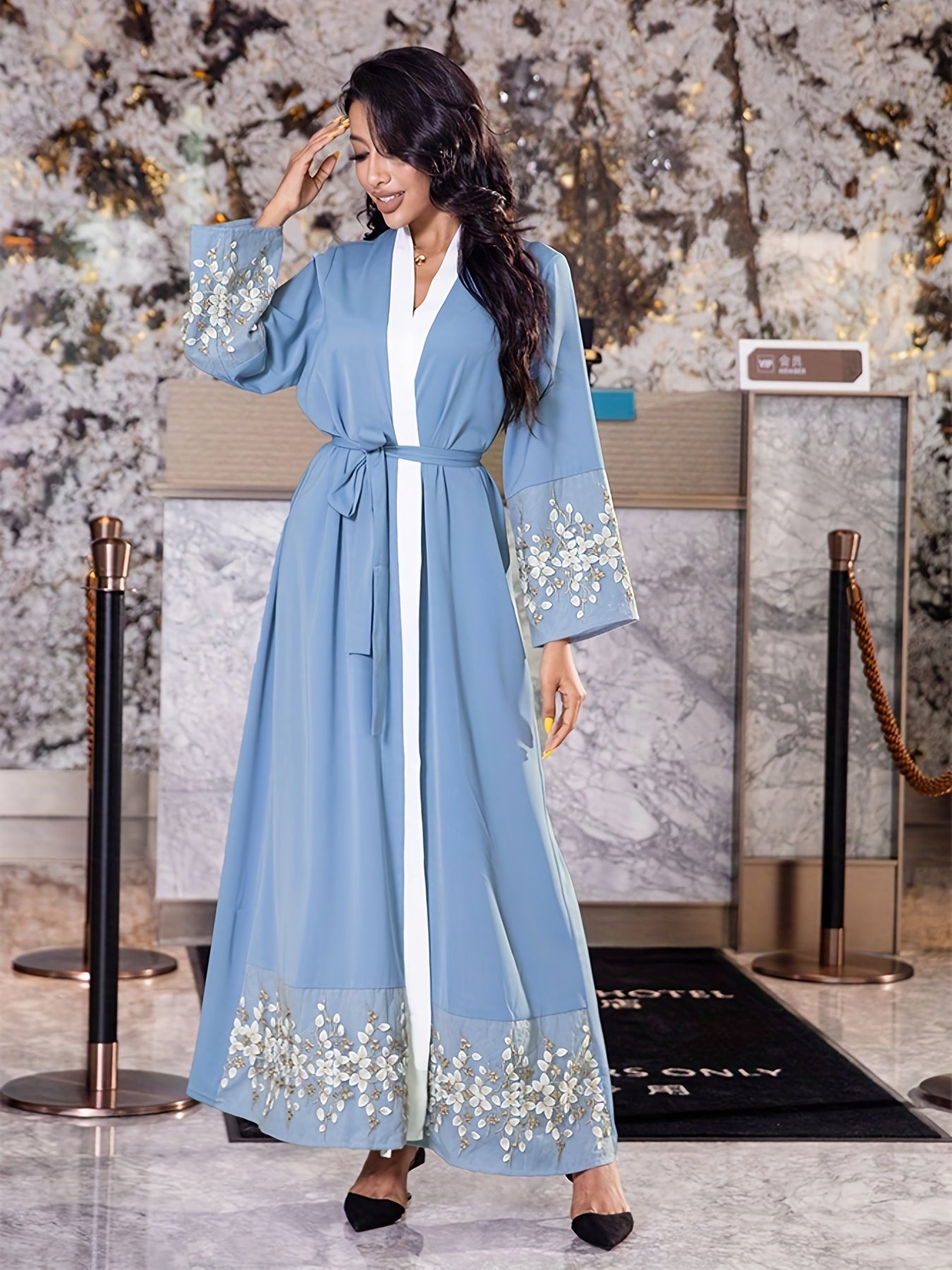 Floral Pattern Kaftan Dress, Elegant Open Front Long Sleeve Maxi Dress