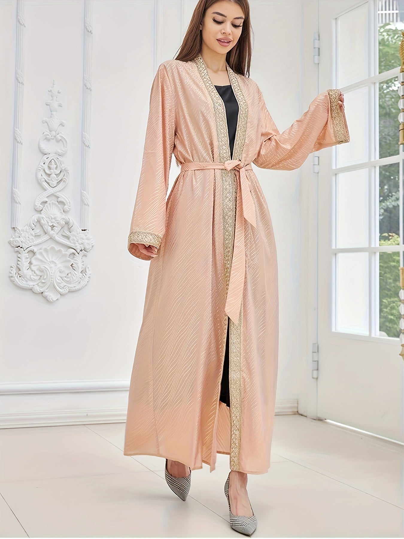 Open Front Long Sleeve Kaftan Dress, Elegant Tie-waist Maxi Length Dress