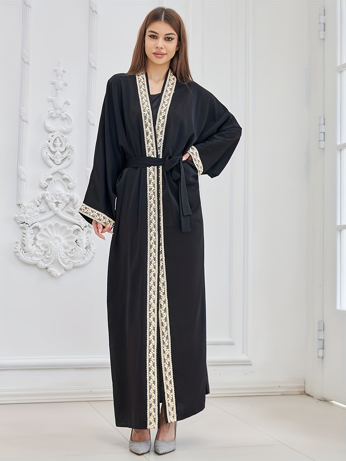 Contrast Trim Beaded Abaya, Elegant Batwing Sleeve Loose Maxi Belted Dress