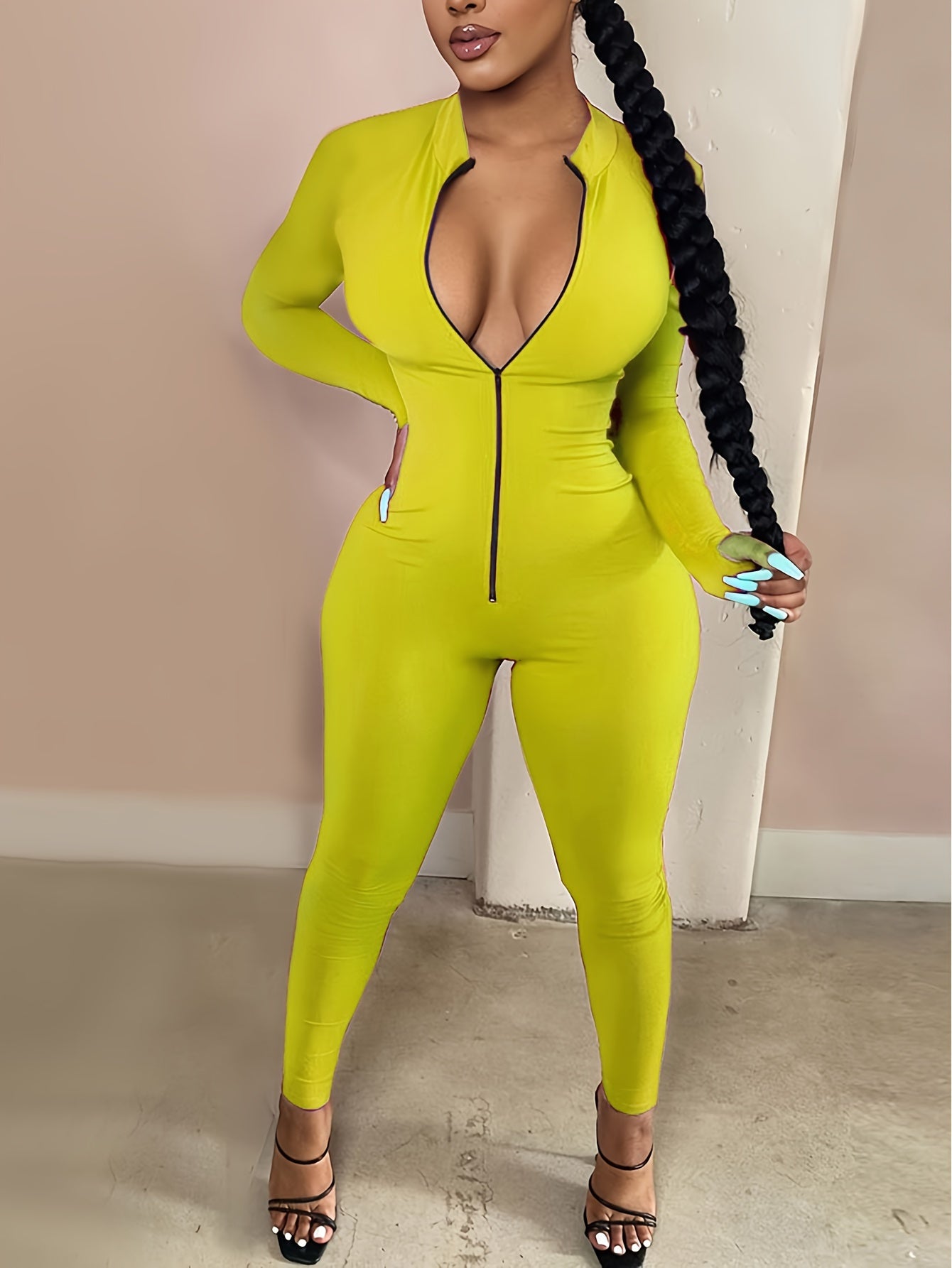 Women's Sexy Bodycon Zip Up Jumpsuit, Solid Long Sleeve Stretchy Jumpsuit, Women's Clothing