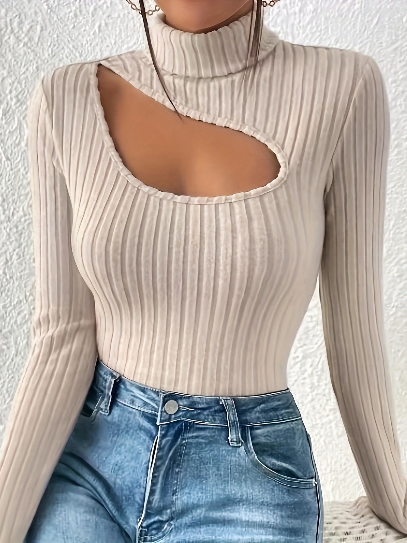 Cut Out Mock Neck Ribbed T-Shirt, Stylish Long Sleeve Slim Top For Spring & Fall, Women's Clothing