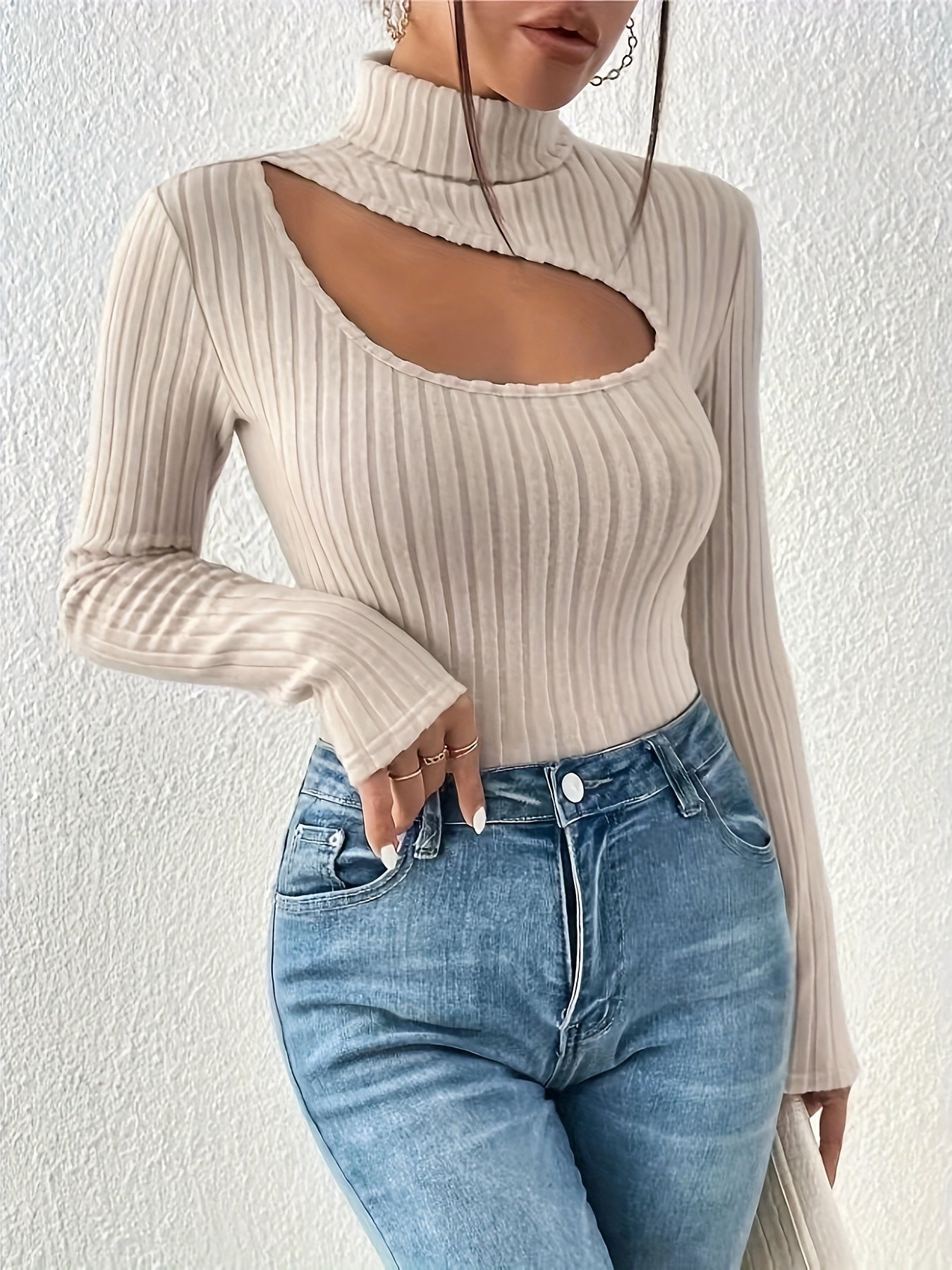 Cut Out Mock Neck Ribbed T-Shirt, Stylish Long Sleeve Slim Top For Spring & Fall, Women's Clothing