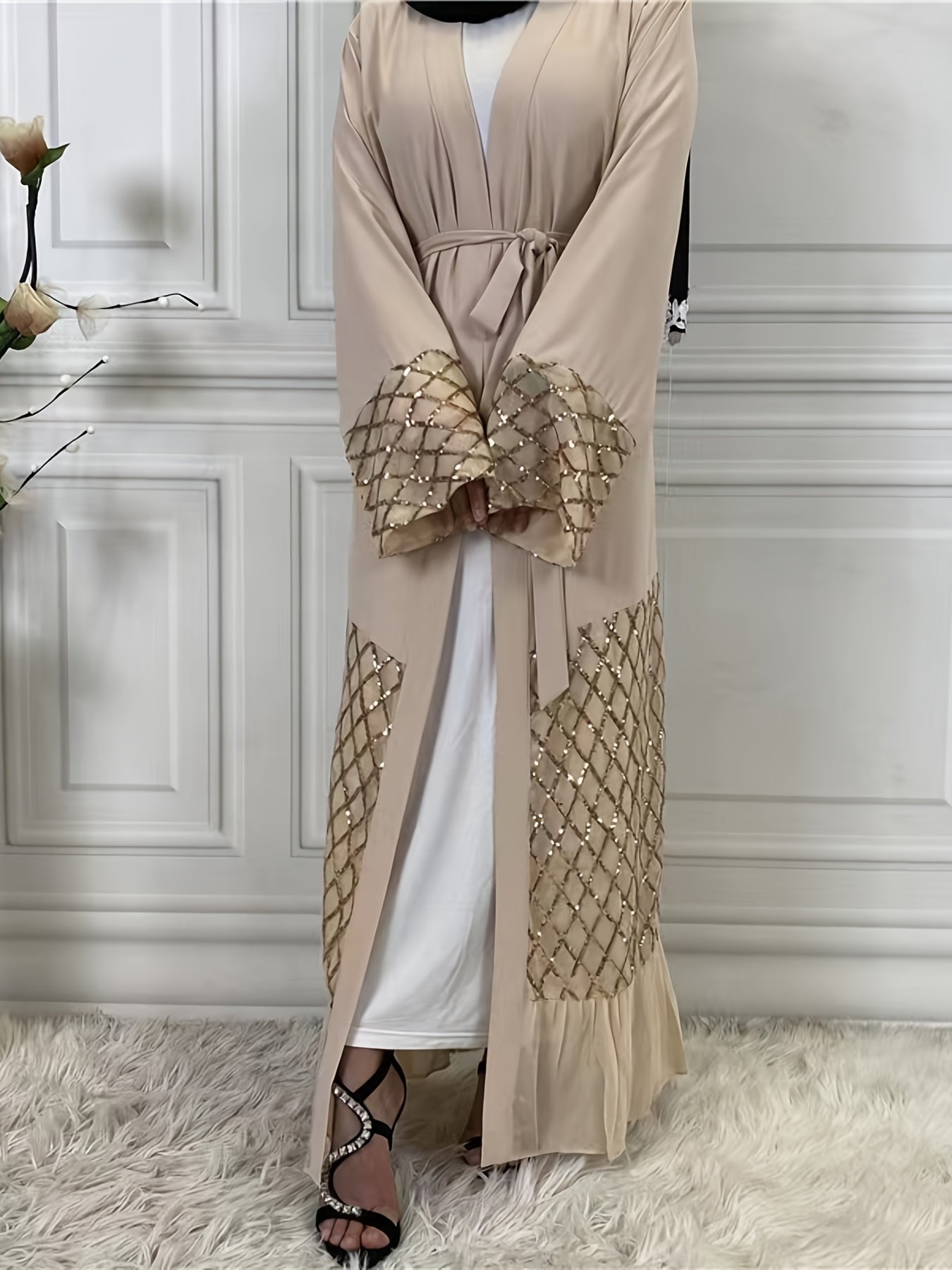 Long Sleeve Wrap Tied Kaftan Dress, Elegant Ruffle Hem Maxi Length Dress