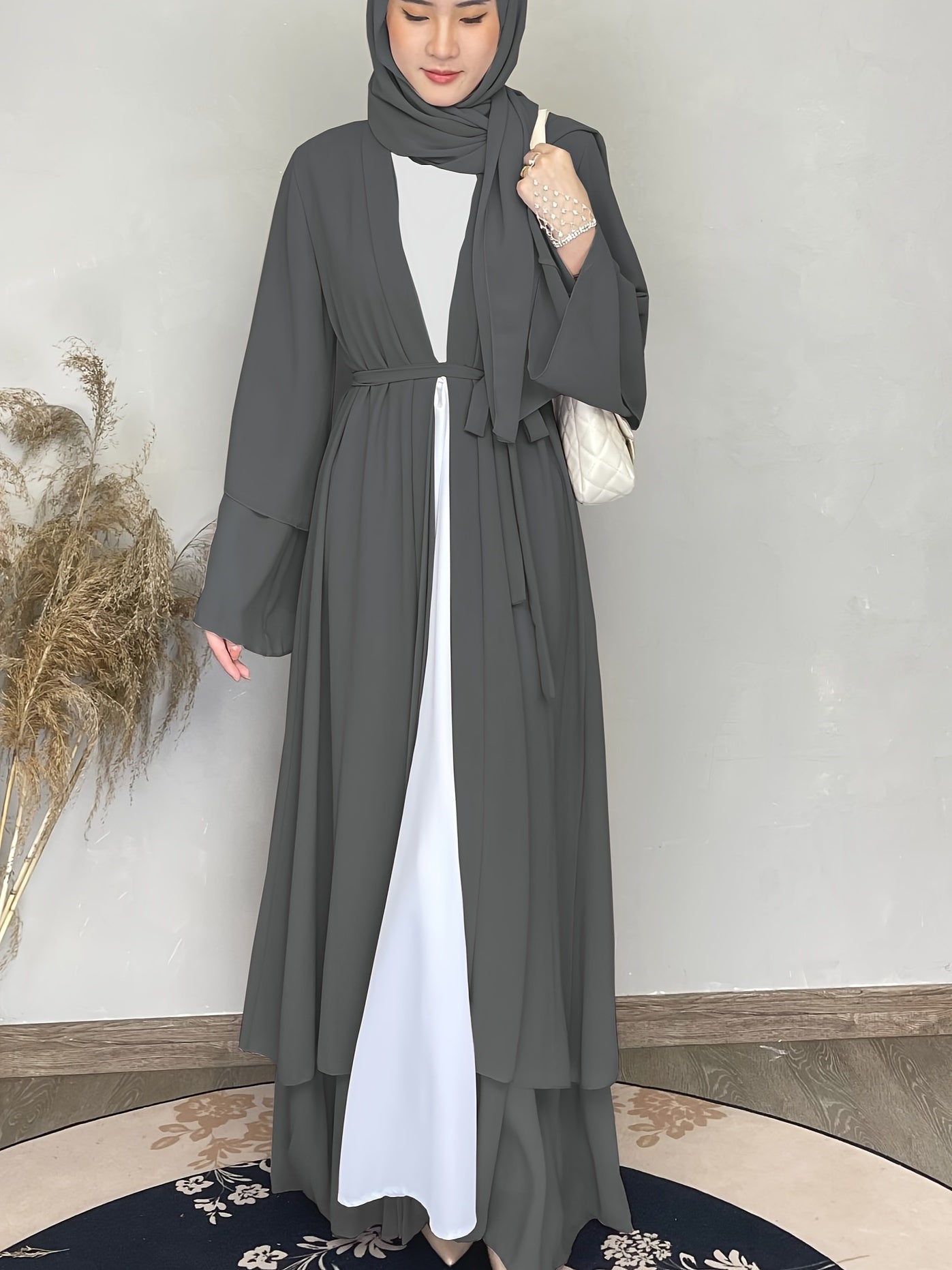 Solid Tie Waist Modest Dress, Elegant Layered Hem Maxi Length Dress