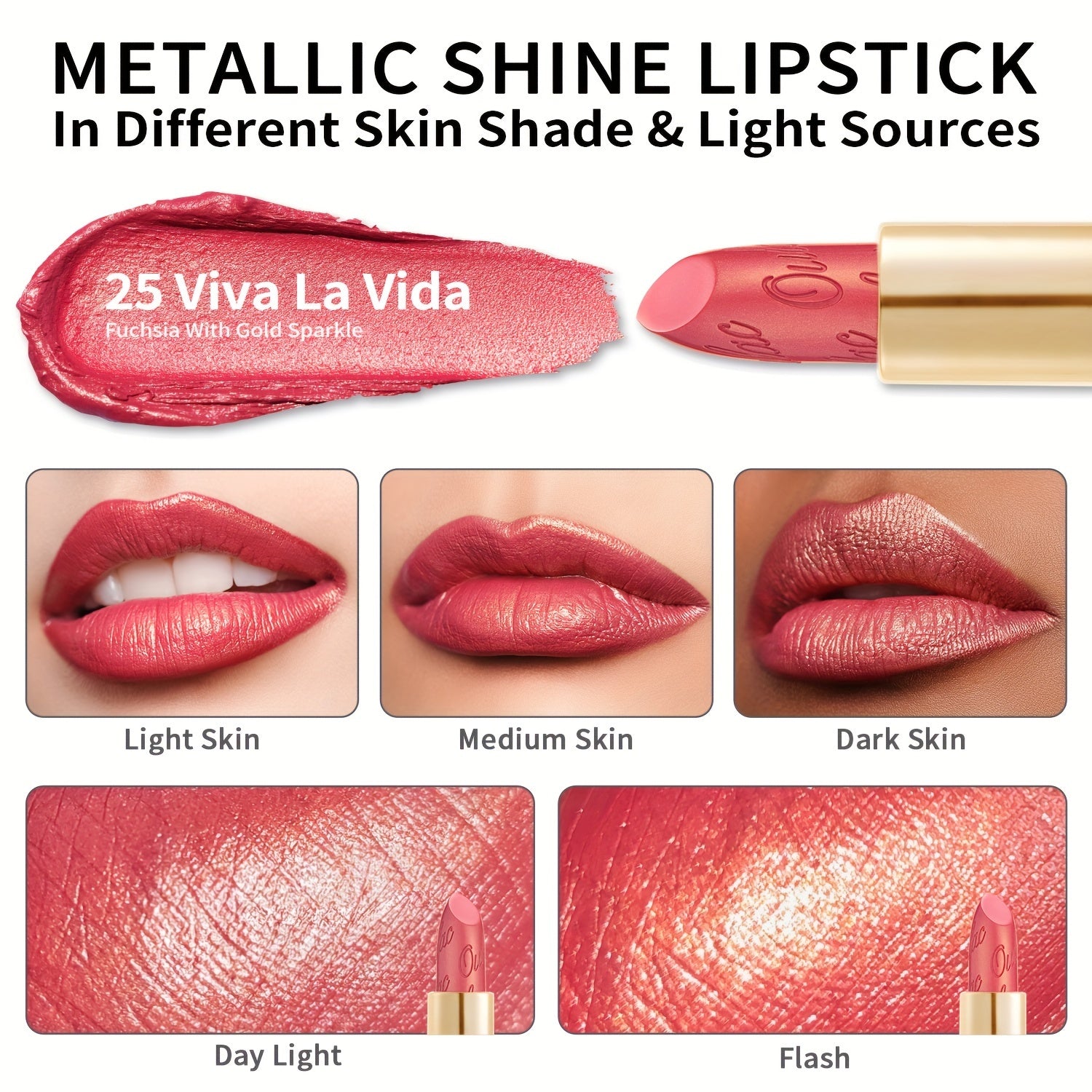 Oulac Peach Coral Lipstick 3Pcs Set For Women - Included Metallic Shine Lipstick, Infinity Moisture Shine Lipstick