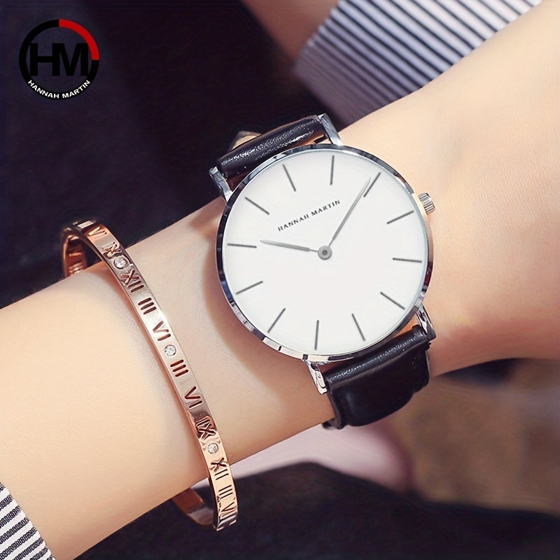 Hannah Martin Japanese Movement Quartz Watch Casual Round Pointer Analog PU Leather Wrist Watch