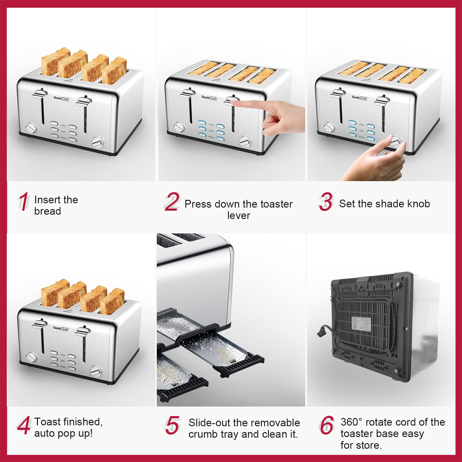 Prohibit Shelves In The Amazon. Toaster 4 Slice, Geek Chef Stainless Steel Extra-Wide Slot Toaster With Dual Control Panels Of Bagel,Defrost,Cancel Function