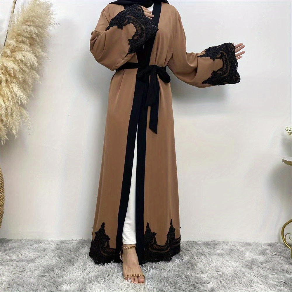 Contrast Lace abaya, Elegant Open Front Long Sleeve Maxi Modest abaya