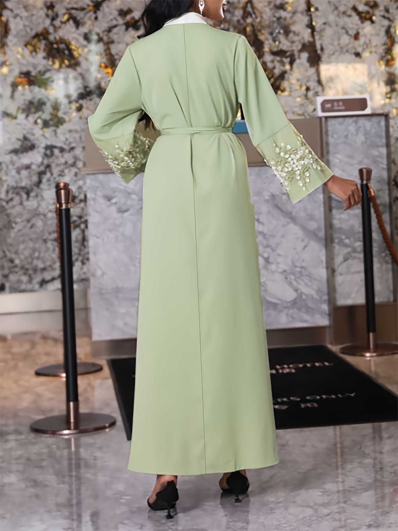 Floral Pattern Kaftan Dress, Elegant Open Front Long Sleeve Maxi Dress