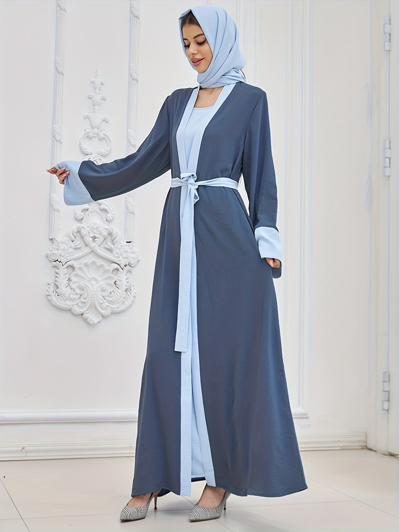 Elegant Two-piece abaya, Loose Tank Dress & Contrast Trim Open Front Tied Wrap Cardigan With Headscarf