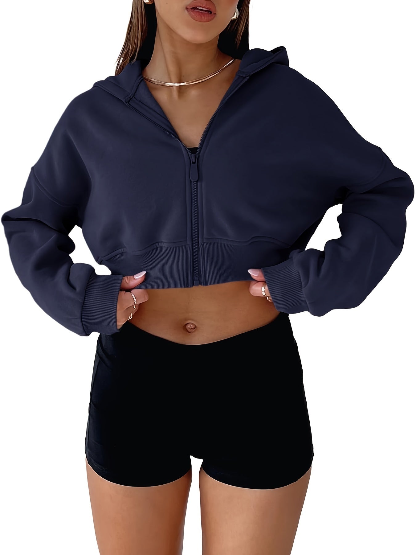 Drop Shoulder Crop Zipper Hoodie, Y2K Long Sleeve Solid Simple Versatile Hoodies Sweatshirt, Women's Clothing