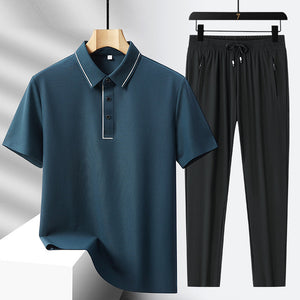 Men's Light Luxury High-end Ice Silk Seamless Polo Shirt Trousers Sports Leisure Suit