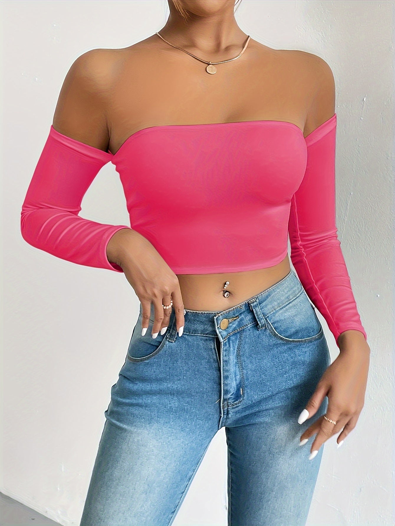 Solid Color Off-shoulder Crop Top, Sexy Long Sleeve Slim Top, Women's Clothing