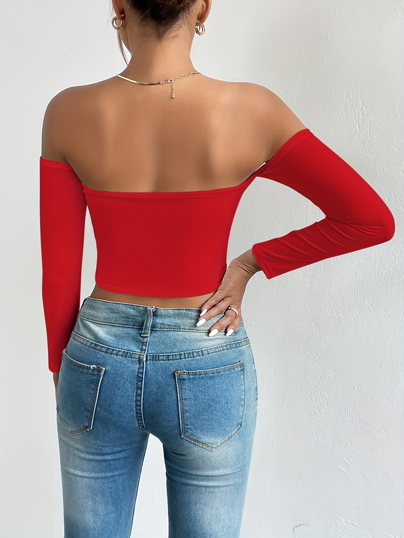 Solid Color Off-shoulder Crop Top, Sexy Long Sleeve Slim Top, Women's Clothing