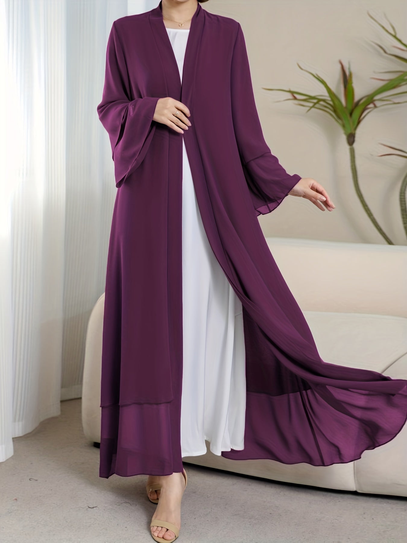 Islamic Modest Dress Without Hijab, Long Sleeve Open Front Casual Modest Muslim Dress