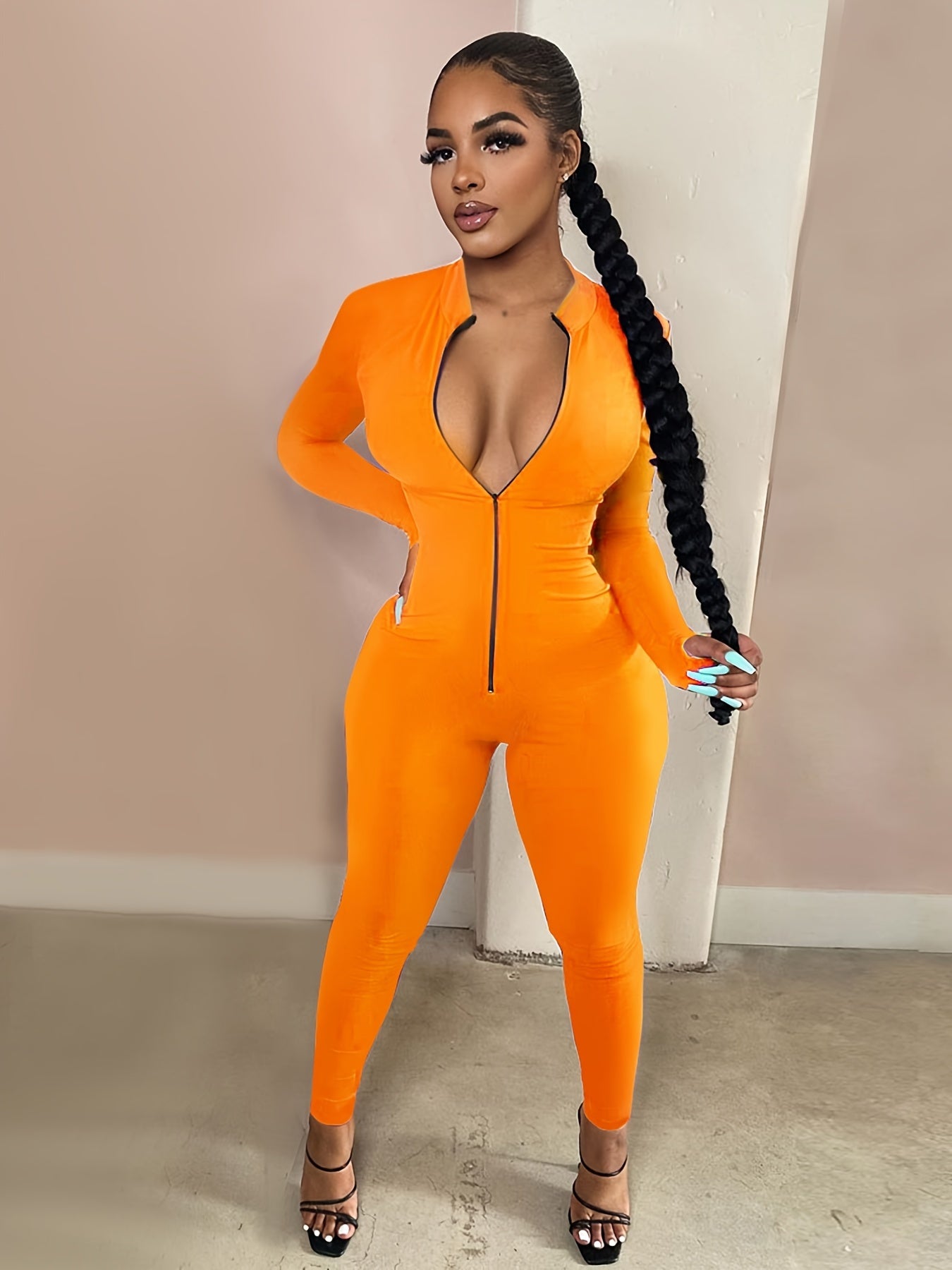 Women's Sexy Bodycon Zip Up Jumpsuit, Solid Long Sleeve Stretchy Jumpsuit, Women's Clothing