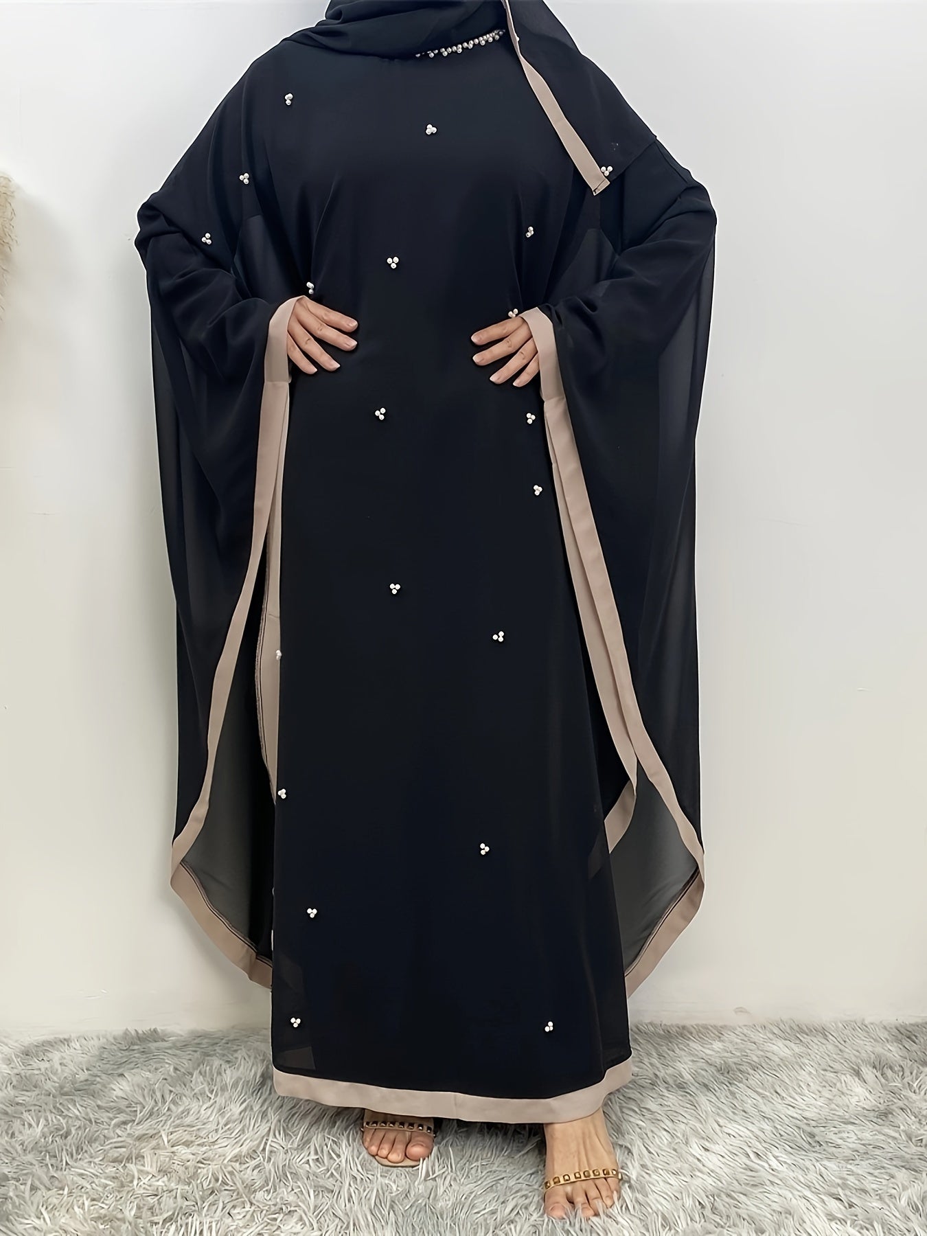 Beaded Contrast Trim Modest Dress, Elegant Batwing Sleeve Loose Maxi Dress With Hijab