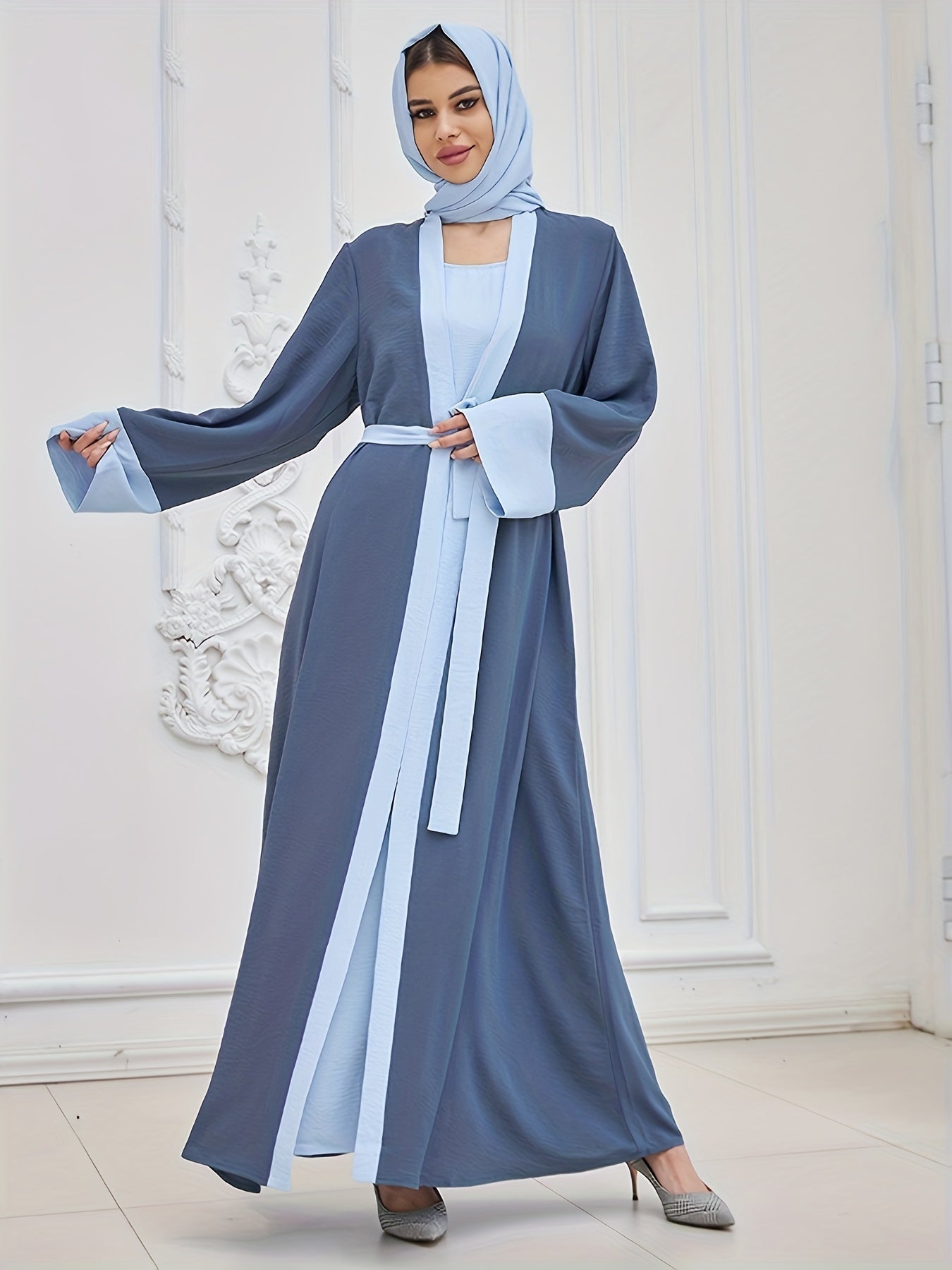 Elegant Two-piece abaya, Loose Tank Dress & Contrast Trim Open Front Tied Wrap Cardigan With Headscarf