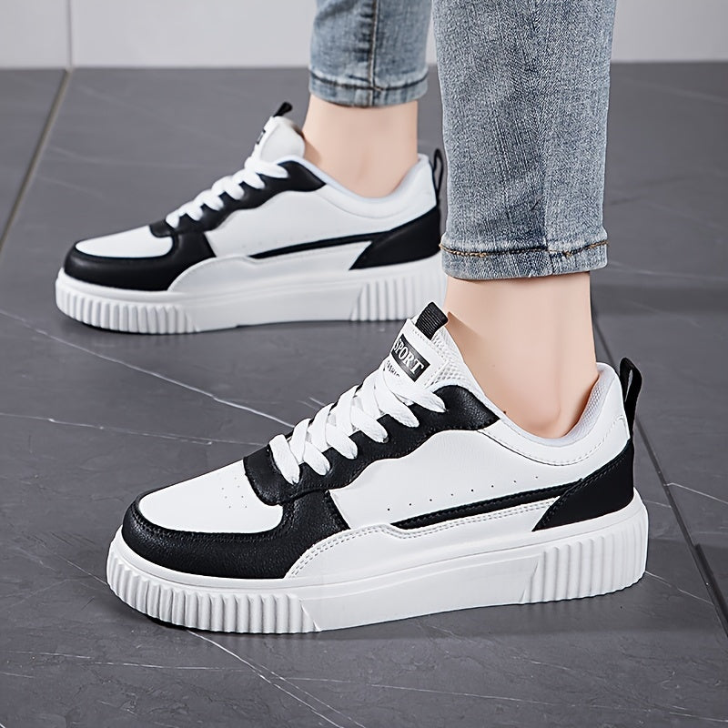 Trendy Faux Leather Color Block Skate Shoes, Wear Resistance Non Slip Flat Sneakers