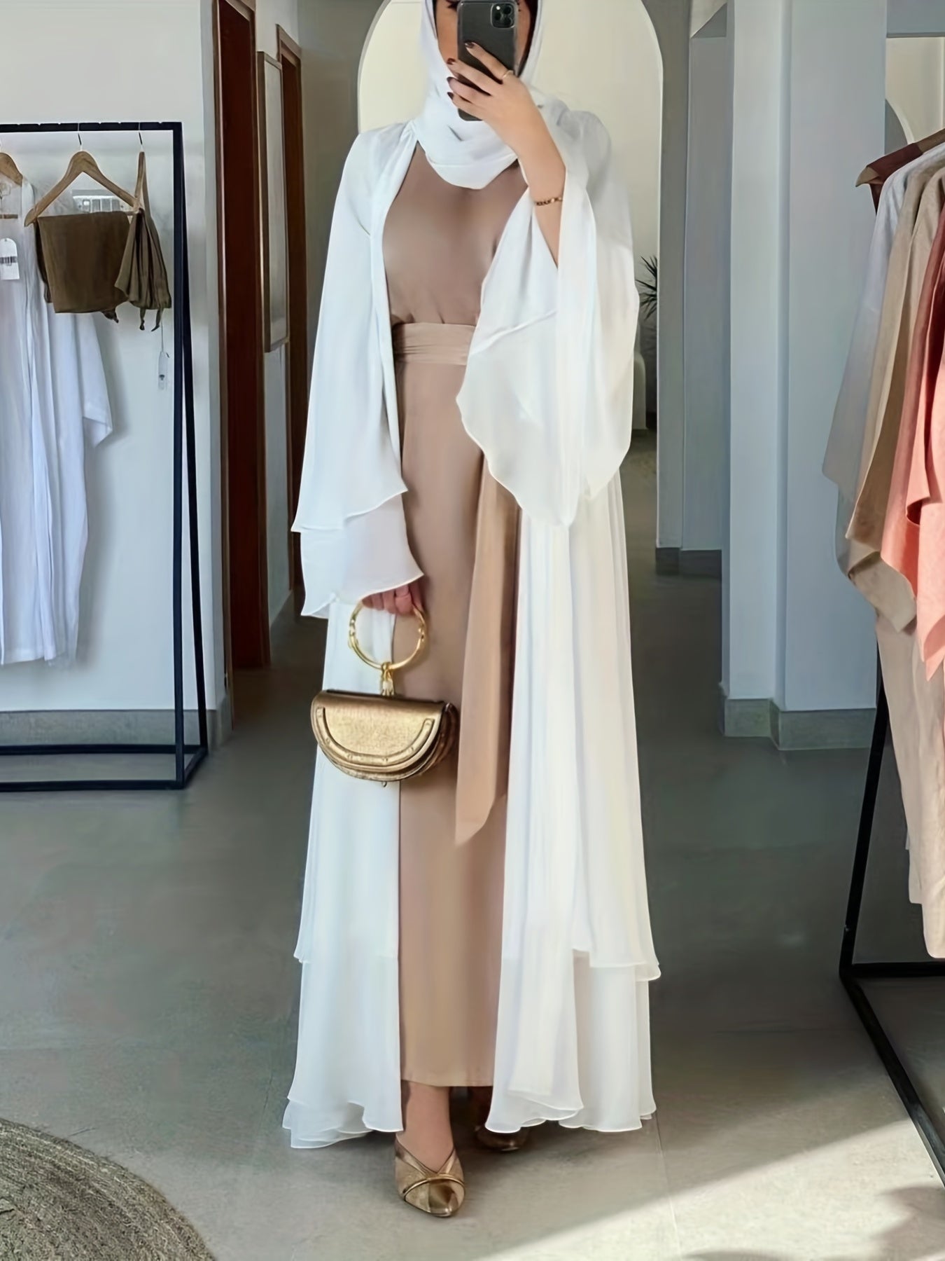 Islamic Modest Dress Without Hijab, Long Sleeve Open Front Casual Modest Muslim Dress